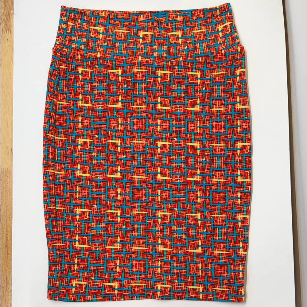 LuLaRoe Red Geometric Pencil Skirt with Teal and Yellow Accents